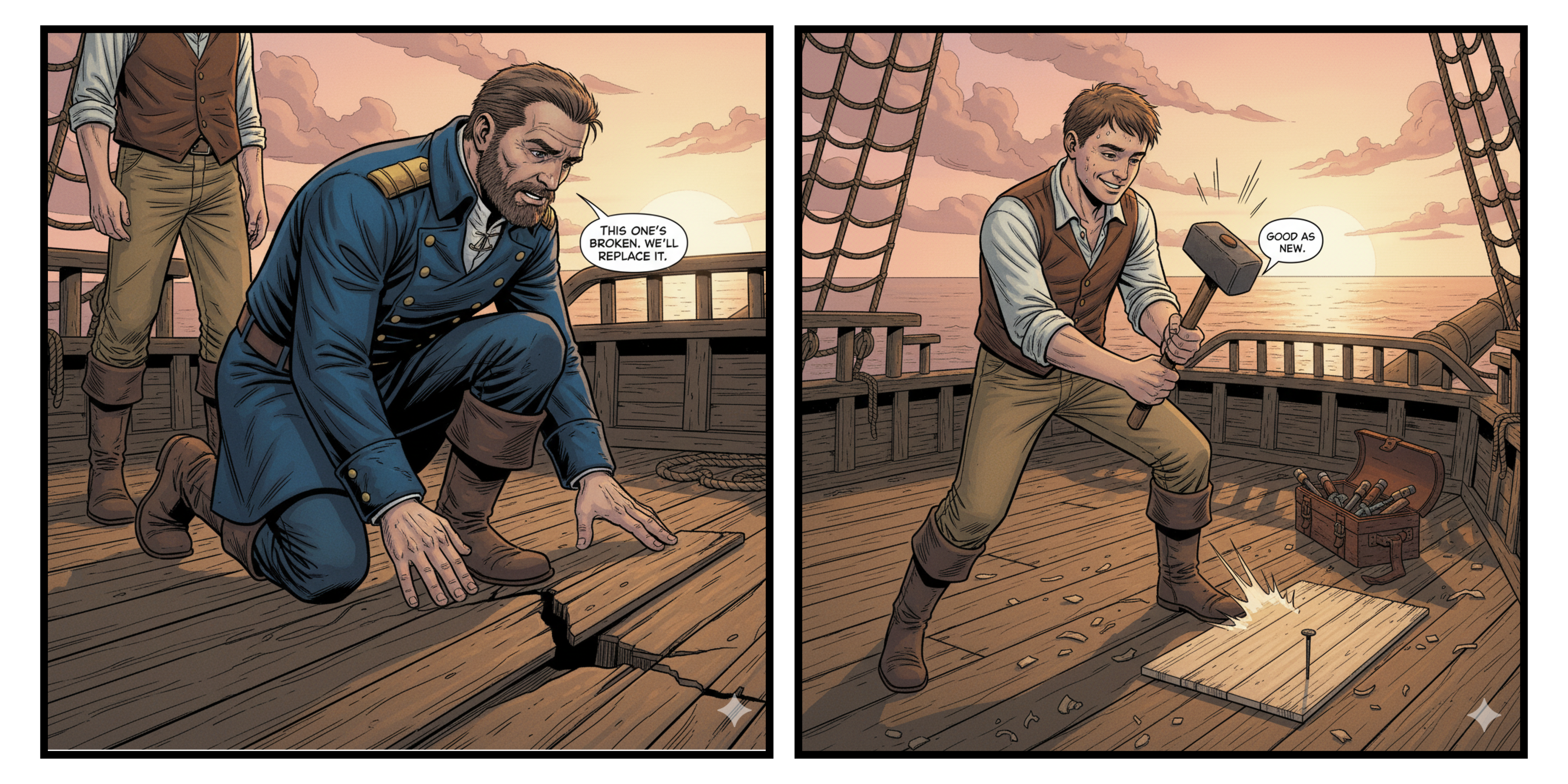 broken planks on deck